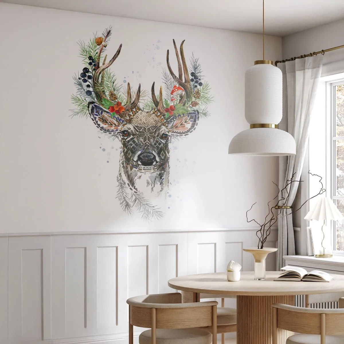 Fotomural Standard Eco - Ciervo artístico con astas decoradas sobre un fondo blanco. - 100x70cm - Con vestimenta festiva - Decoración de pared moderna para salón y dormitorio ARTTOR