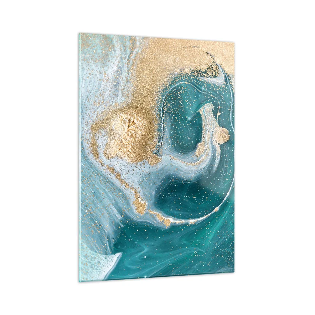 Cuadro sobre vidrio - Impresiones sobre Vidrio - Ondas doradas sobre turquesa en estilo abstracto - 50x70cm - Un remolino de oro y turquesa - Decoración de pared moderna para salón y dormitorio ARTTOR