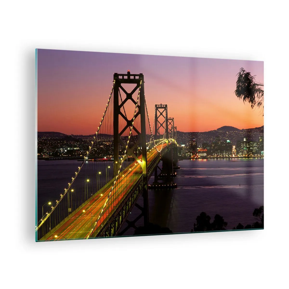 Cuadro sobre vidrio - Impresiones sobre Vidrio - El puente de noche en la ciudad y la luz del atardecer. - 70x50cm - Tarde violeta - Decoración de pared moderna para salón y dormitorio ARTTOR