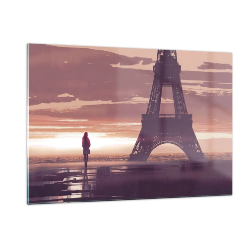 Cuadro sobre vidrio - Impresiones sobre Vidrio - La Torre Eiffel al atardecer con la silueta de una persona. - 120x80cm - Sólo ellas dos - Decoración de pared moderna para salón y dormitorio ARTTOR