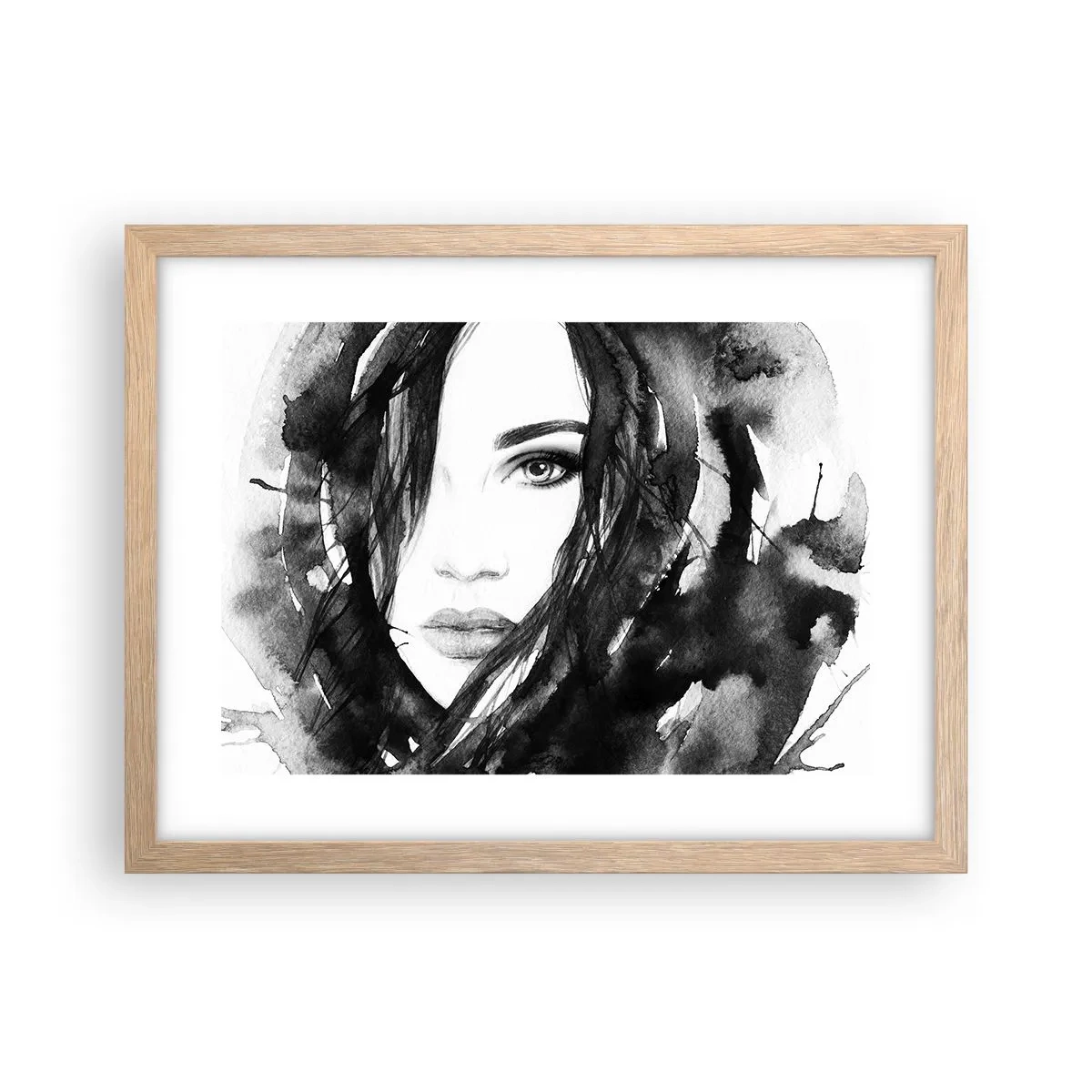 Póster en marco roble claro - Retrato de una dama en blanco y negro - 40x30 cm