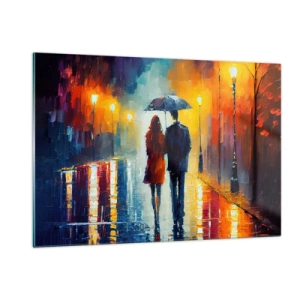 Cuadro sobre vidrio - Impresiones sobre Vidrio - Una pareja bajo un paraguas en una calle colorida de noche bajo la lluvia. - 120x80cm - Juntos en una noche llena de color - Decoración de pared moderna para salón y dormitorio ARTTOR