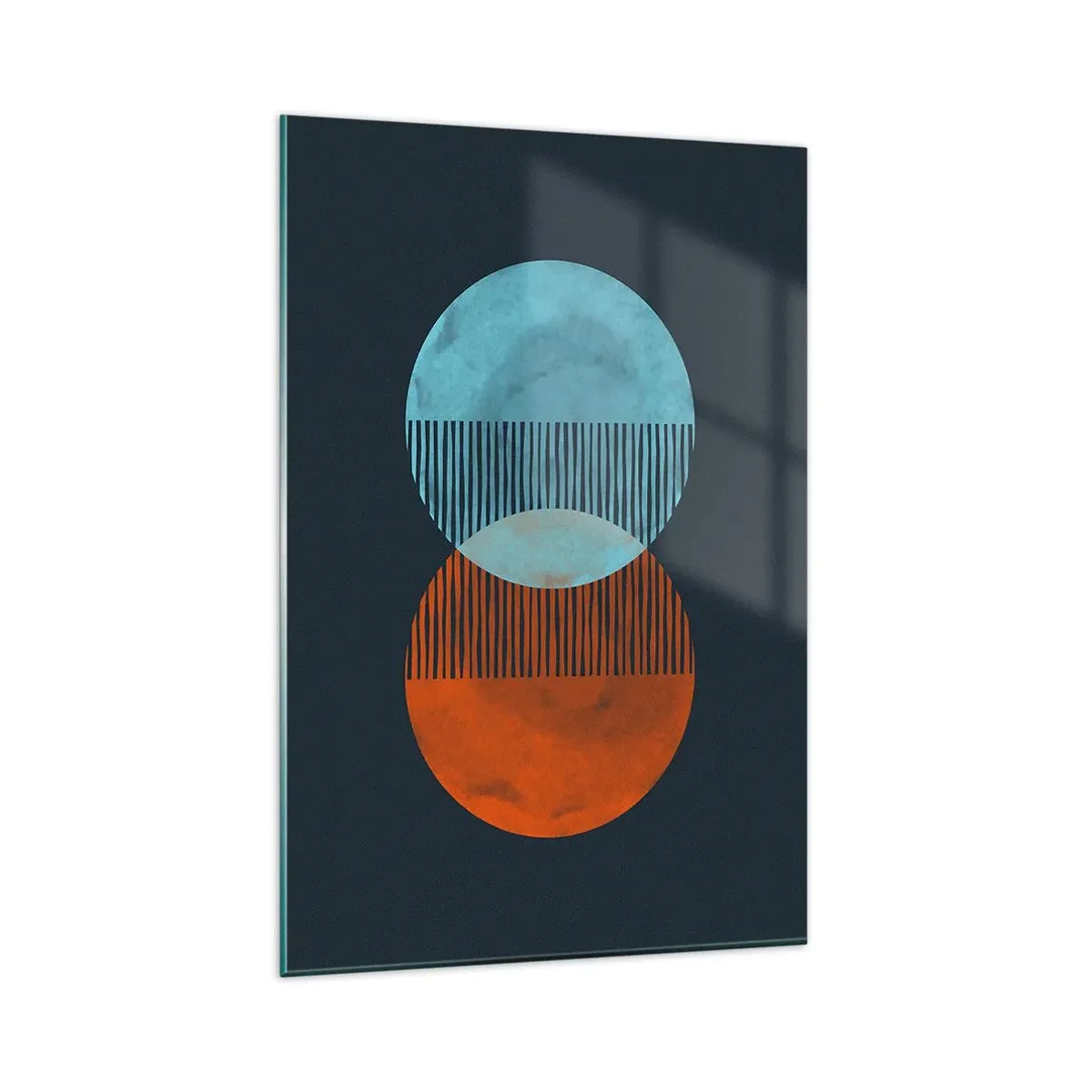 Cuadro sobre vidrio - Impresiones sobre Vidrio - Dos círculos naranjas y azules sobre un fondo oscuro. - 80x120cm - Fantasía astronómica - Decoración de pared moderna para salón y dormitorio ARTTOR