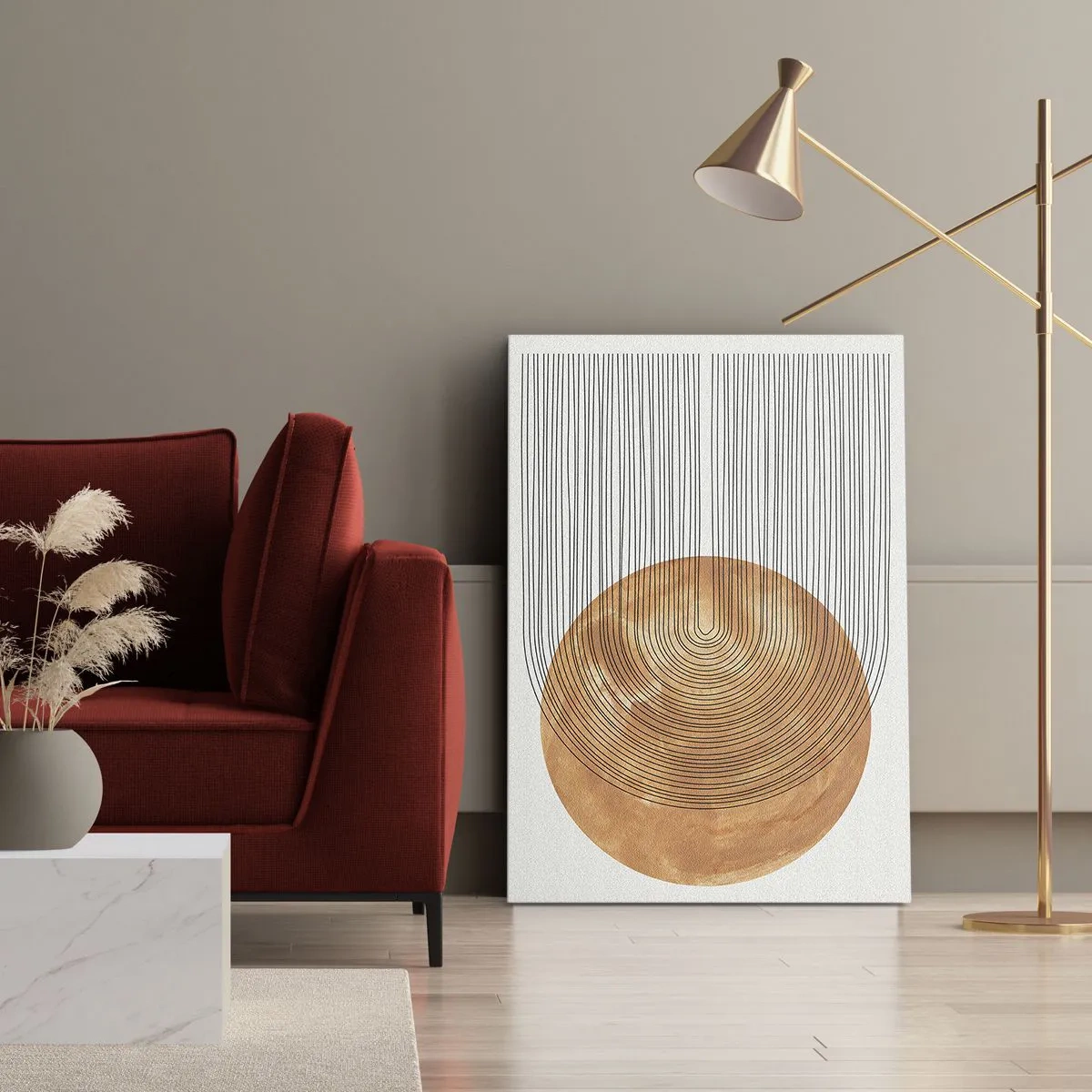 Cuadro sobre lienzo - Impresión de Imagen - Composición geométrica con círculos y líneas en colores cálidos. - 50x70cm - Una composición soleada - Decoración de pared moderna para salón y dormitorio ARTTOR