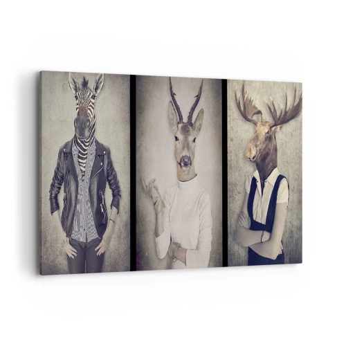 Cuadro sobre lienzo - Impresión de Imagen - Un tríptico con figuras de animales con ropa humana sobre un fondo artístico. - 120x80cm - Que los gestos hablen - Decoración de pared moderna para salón y dormitorio ARTTOR