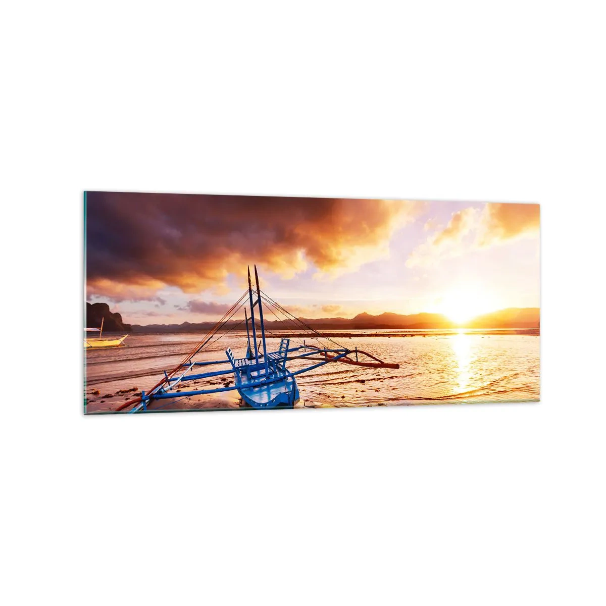 Cuadro sobre vidrio - Impresiones sobre Vidrio - Barco azul en la playa al atardecer - 120x50cm - Después de un largo día, relájate en la arena - Decoración de pared moderna para salón y dormitorio ARTTOR