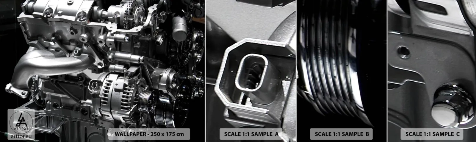 Muestra de fotomural autoadhesivo Deluxe Sticker - Acero, hermoso, fuerte - Automotor, Motor del coche, 3D - 100x30 cm