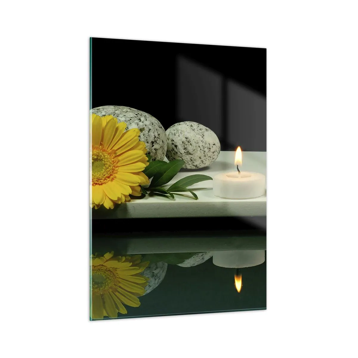 Cuadro sobre vidrio - Impresiones sobre Vidrio - Velas, piedras y una flor amarilla reflejada en el agua. - 50x70cm - Calmar los sentidos - Decoración de pared moderna para salón y dormitorio ARTTOR