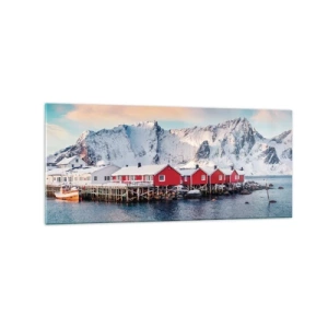 Cuadro sobre vidrio - Impresiones sobre Vidrio - Casas rojas con el telón de fondo de montañas nevadas y el mar azul. - 120x50cm - Un retiro en el norte - Decoración de pared moderna para salón y dormitorio ARTTOR