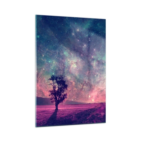 Cuadro sobre vidrio - Impresiones sobre Vidrio - Un árbol con el cielo estrellado y una galaxia como telón de fondo. - 50x70cm - Bajo un cielo mágico - Decoración de pared moderna para salón y dormitorio ARTTOR