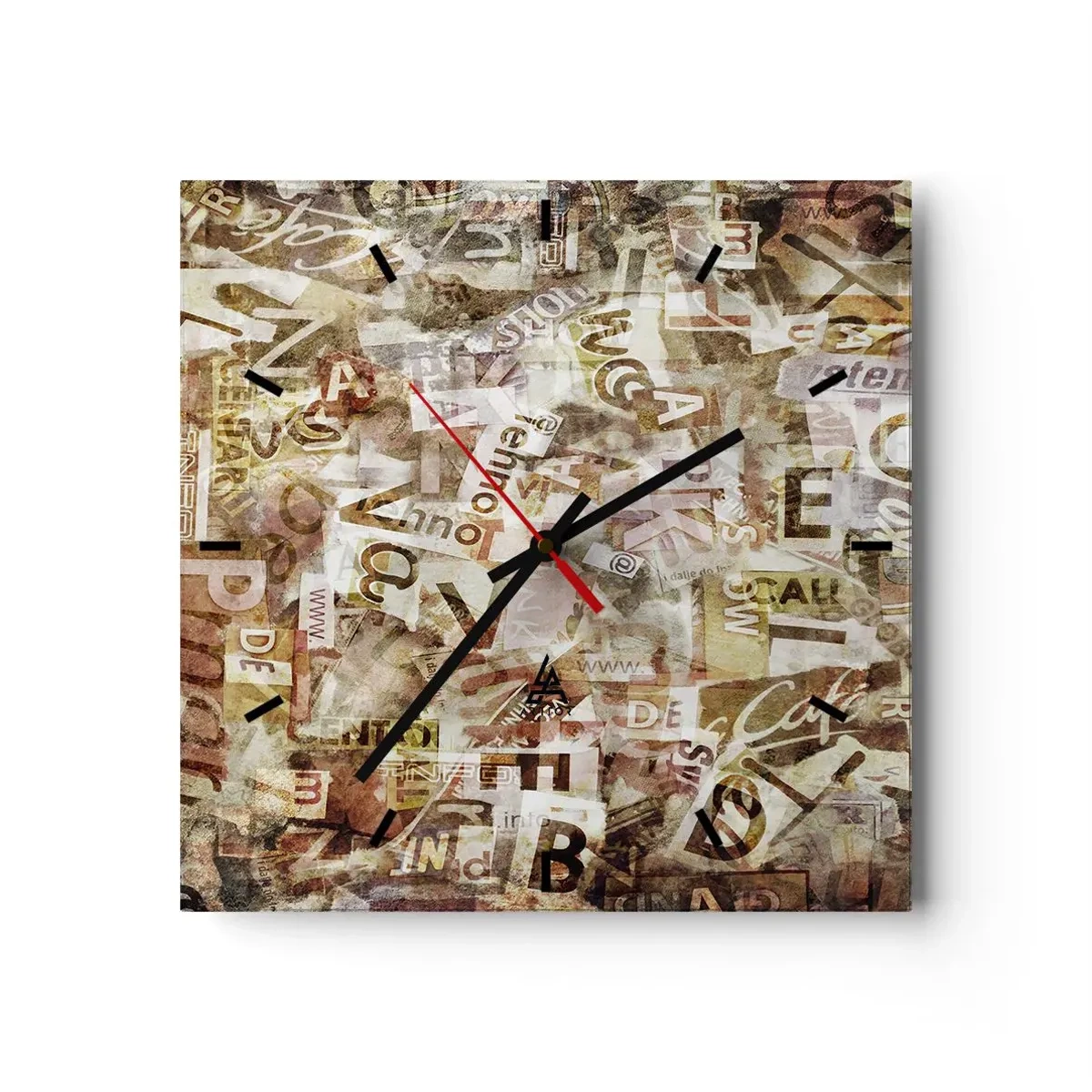 Reloj de pared - Reloj de vidrio - Composición abstracta con letras y fragmentos de texto. - 30x30cm - Unificando el lenguaje - Decoración de pared moderna para salón y dormitorio ARTTOR