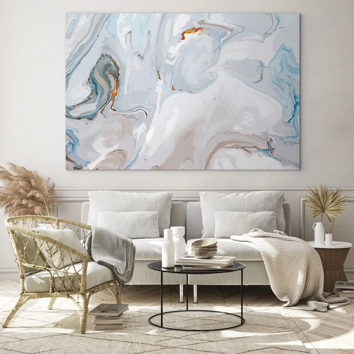 Cuadro sobre vidrio - Impresiones sobre Vidrio - Un sutil patrón de mármol en tonos de azul y blanco. - 70x50cm - Blanco fusión - Decoración de pared moderna para salón y dormitorio ARTTOR