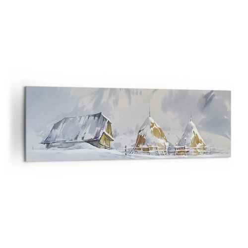 Cuadro sobre lienzo - Impresión de Imagen - Paisaje invernal con una cabaña y pajares en las montañas - 160x50cm - En un valle nevado - Decoración de pared moderna para salón y dormitorio ARTTOR