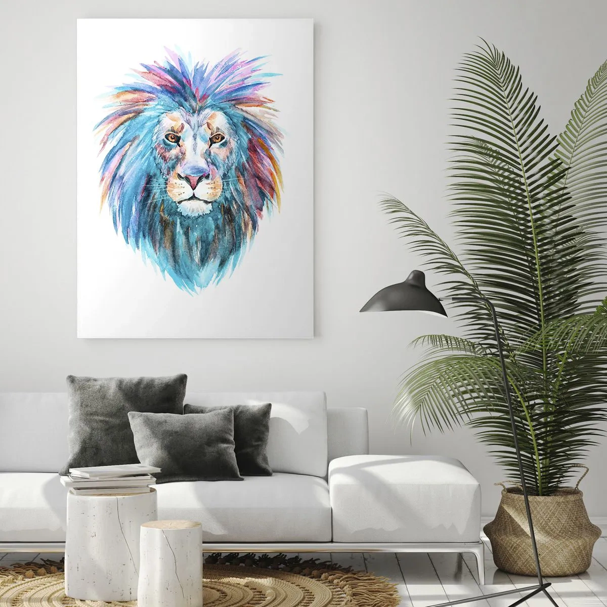Cuadro sobre vidrio - Impresiones sobre Vidrio - Retrato en acuarela de un león en colores vivos. - 80x120cm - Aura electrizante - Decoración de pared moderna para salón y dormitorio ARTTOR