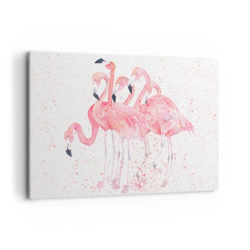 Cuadro sobre lienzo - Impresión de Imagen - Flamencos rosados en un estilo artístico de acuarela. - 100x70cm - Asamblea rosa - Decoración de pared moderna para salón y dormitorio ARTTOR