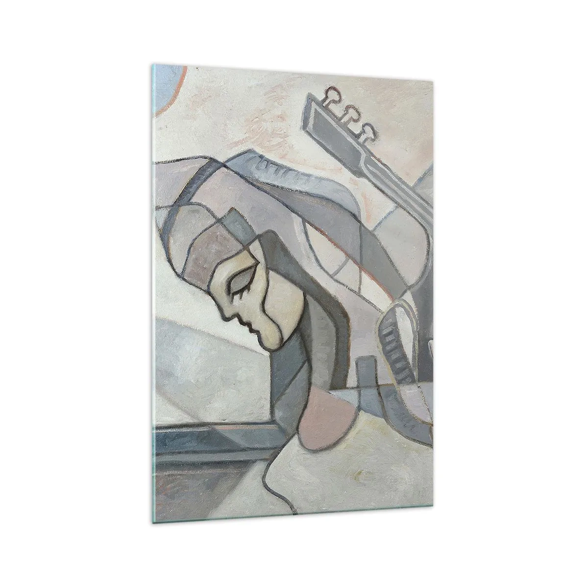 Cuadro sobre vidrio - Impresiones sobre Vidrio - Una figura abstracta con una guitarra en colores pastel. - 70x100cm - En el poder de la música - Decoración de pared moderna para salón y dormitorio ARTTOR