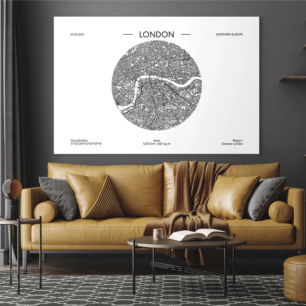 Cuadro sobre vidrio - Impresiones sobre Vidrio - Un mapa detallado de Londres en un estilo gráfico en blanco y negro. - 70x50cm - Anatomía de Londres - Decoración de pared moderna para salón y dormitorio ARTTOR