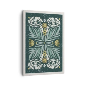 Cuadro sobre lienzo - Impresión de Imagen - Patrón de planta simétrica sobre un fondo verde. - 50x70cm - Como un recorte folclórico - Decoración de pared moderna para salón y dormitorio ARTTOR
