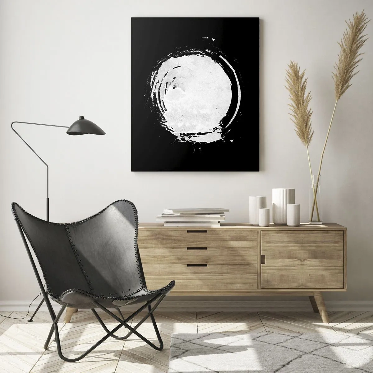 Cuadro sobre vidrio - Impresiones sobre Vidrio - Círculo abstracto blanco sobre fondo negro - 50x70cm - La buena salida - Decoración de pared moderna para salón y dormitorio ARTTOR