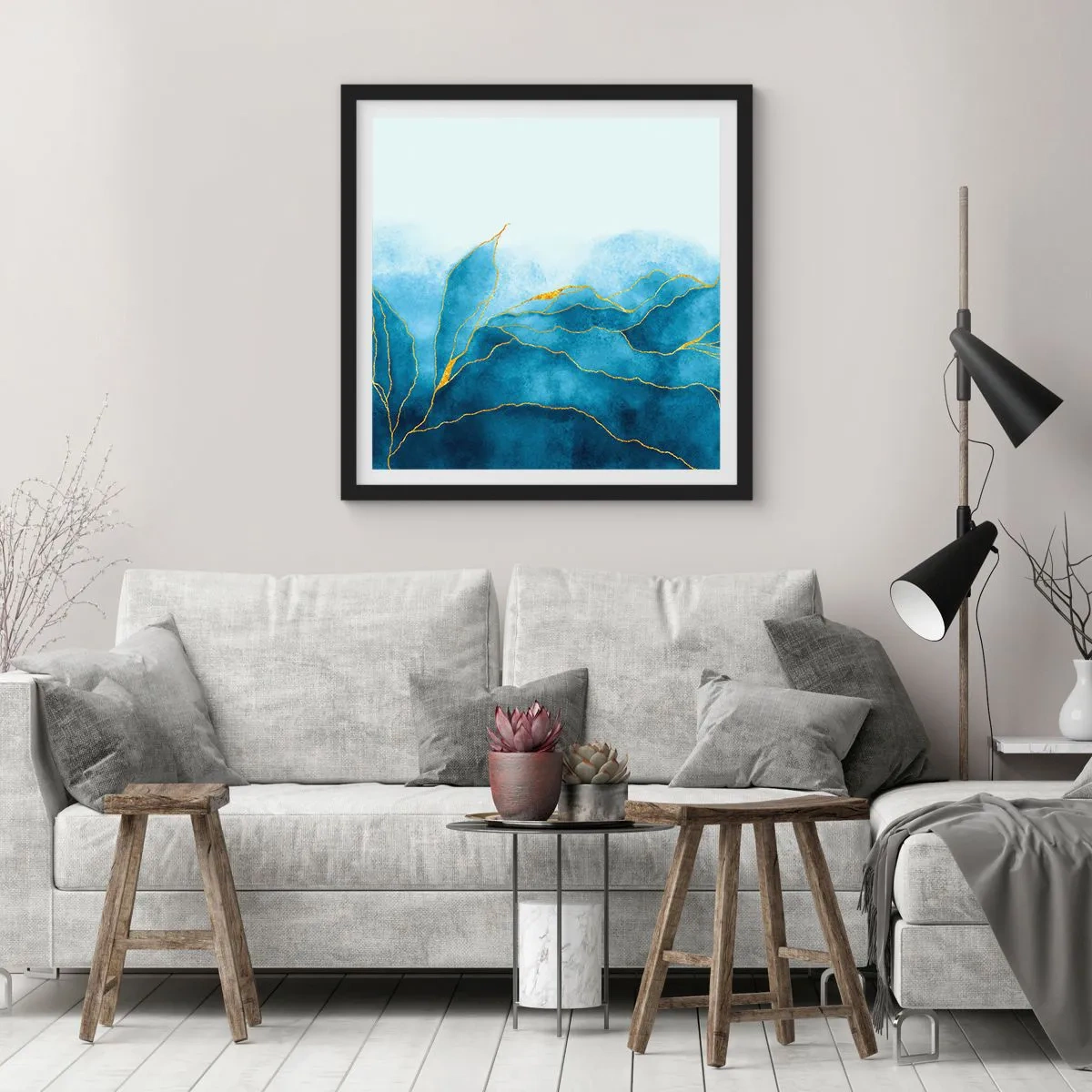 Póster en marco negro - Oro y azul - 30x30 cm