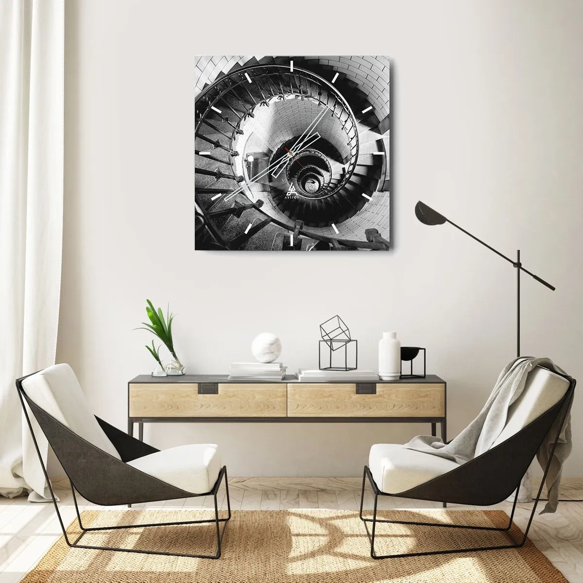 Reloj de pared - Reloj de vidrio - Fotografía en blanco y negro de una escalera de caracol con perspectiva de arriba hacia abajo. - 30x30cm - Cada vez más alto - Decoración de pared moderna para salón y dormitorio ARTTOR