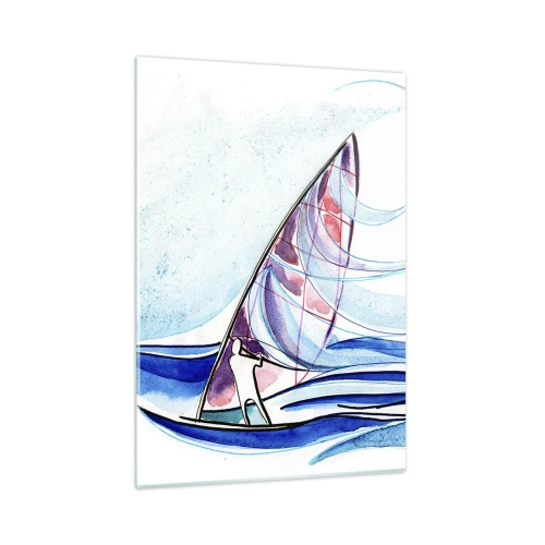 Cuadro sobre vidrio - Impresiones sobre Vidrio - Un velero sobre las olas en estilo acuarela. - 50x70cm - Con el viento al ritmo de las olas - Decoración de pared moderna para salón y dormitorio ARTTOR