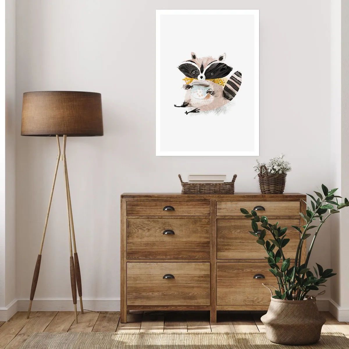 Póster - Un dibujo de un mapache con una bufanda y sosteniendo una taza de té. - 50x70cm - Mi amigo mapache - Decoración de pared moderna para salón y dormitorio ARTTOR