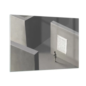 Cuadro sobre vidrio - Impresiones sobre Vidrio - Niño en un laberinto con un símbolo de acertijo - 100x70cm - ¿Pero dónde estoy? - Decoración de pared moderna para salón y dormitorio ARTTOR