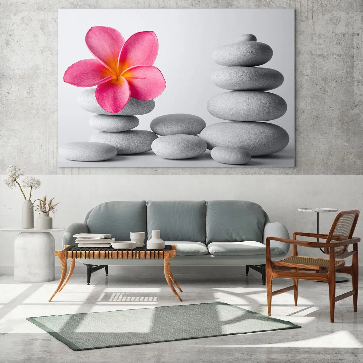 Cuadro sobre vidrio - Impresiones sobre Vidrio - Una flor rosa contra un montón de piedras blancas. - 120x80cm - Piedra sobre piedra, y sobre esta piedra.... - Decoración de pared moderna para salón y dormitorio ARTTOR