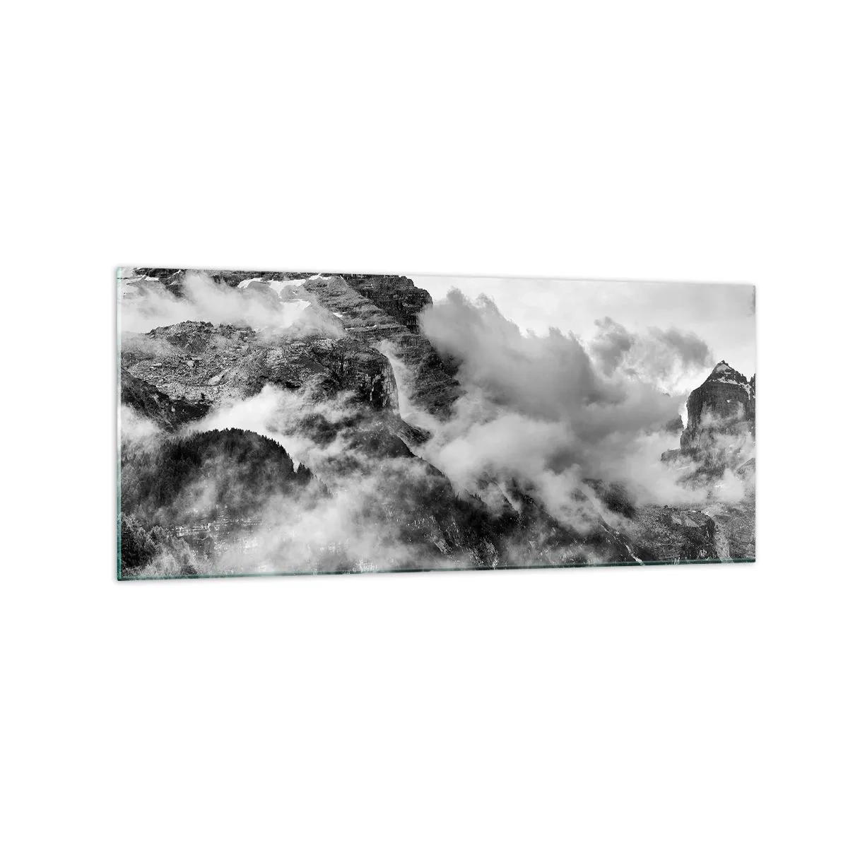 Cuadro sobre vidrio - Impresiones sobre Vidrio - Vista en blanco y negro de montañas rodeadas de nubes. - 120x50cm - Hermoso y cruel - Decoración de pared moderna para salón y dormitorio ARTTOR