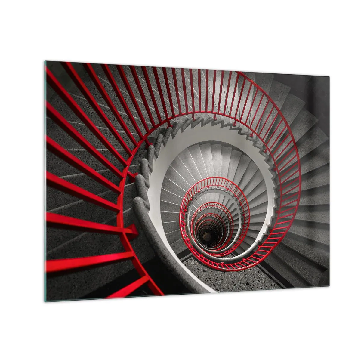 Cuadro sobre vidrio - Impresiones sobre Vidrio - Escalera de caracol con pasamanos rojos en perspectiva - 70x50cm - Juegos arquitectónicos - Decoración de pared moderna para salón y dormitorio ARTTOR