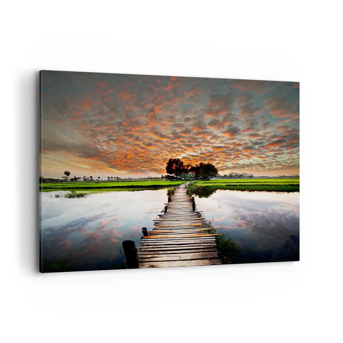 Cuadro sobre lienzo - Impresión de Imagen - Puente de madera sobre el agua al atardecer - 100x70cm - Extiende tus brazos - respira  - Decoración de pared moderna para salón y dormitorio ARTTOR