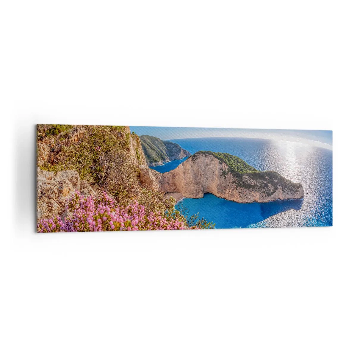 Cuadro sobre lienzo - Impresión de Imagen - Un acantilado con flores, un mar turquesa y un soleado paisaje griego. - 160x50cm - Mis grandes vacaciones en Grecia - Decoración de pared moderna para salón y dormitorio ARTTOR