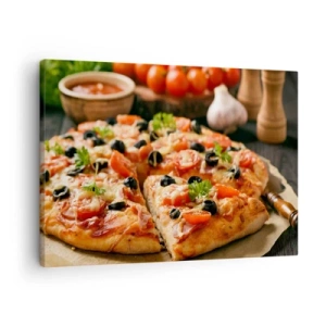 Cuadro sobre lienzo - Impresión de Imagen - Pizza con tomates, aceitunas y hierbas frescas en la mesa. - 70x50cm - Delicioso aroma - Decoración de pared moderna para salón y dormitorio ARTTOR