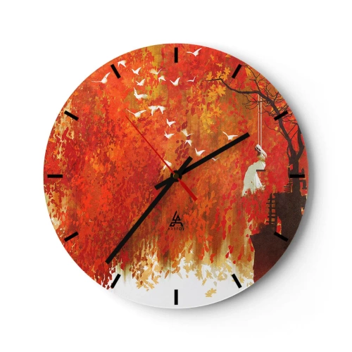 Reloj de pared - Reloj de vidrio - Escena otoñal con un columpio rodeado de hojas doradas y pájaros. - 30x30cm - ¿Volará con ellos? - Decoración de pared moderna para salón, cocina y dormitorio ARTTOR