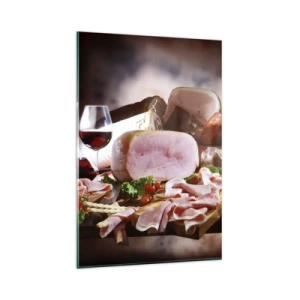 Cuadro sobre vidrio - Impresiones sobre Vidrio - Embutidos con vino sobre fondo rústico - 80x120cm - Un sueño culinario  - Decoración de pared moderna para salón y dormitorio ARTTOR