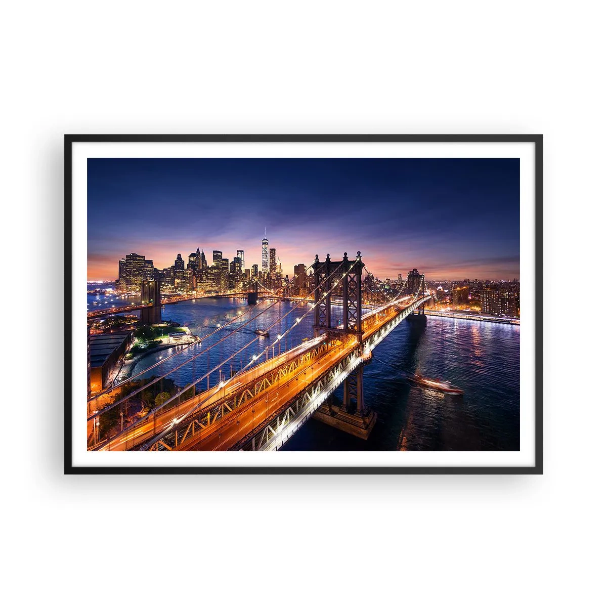 Póster en marco negro - El puente y el panorama de la ciudad al atardecer. - 100x70cm - Un puente luminoso hacia el corazón de la ciudad - Decoración de pared moderna para salón y dormitorio ARTTOR