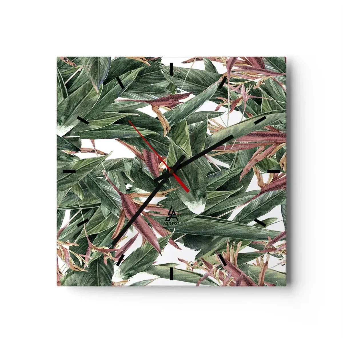 Reloj de pared - Reloj de vidrio - Un motivo decorativo de hojas en tonos verdes y burdeos sobre un fondo claro. - 30x30cm - Naturaleza esmeralda y lila - Decoración de pared moderna para salón y dormitorio ARTTOR