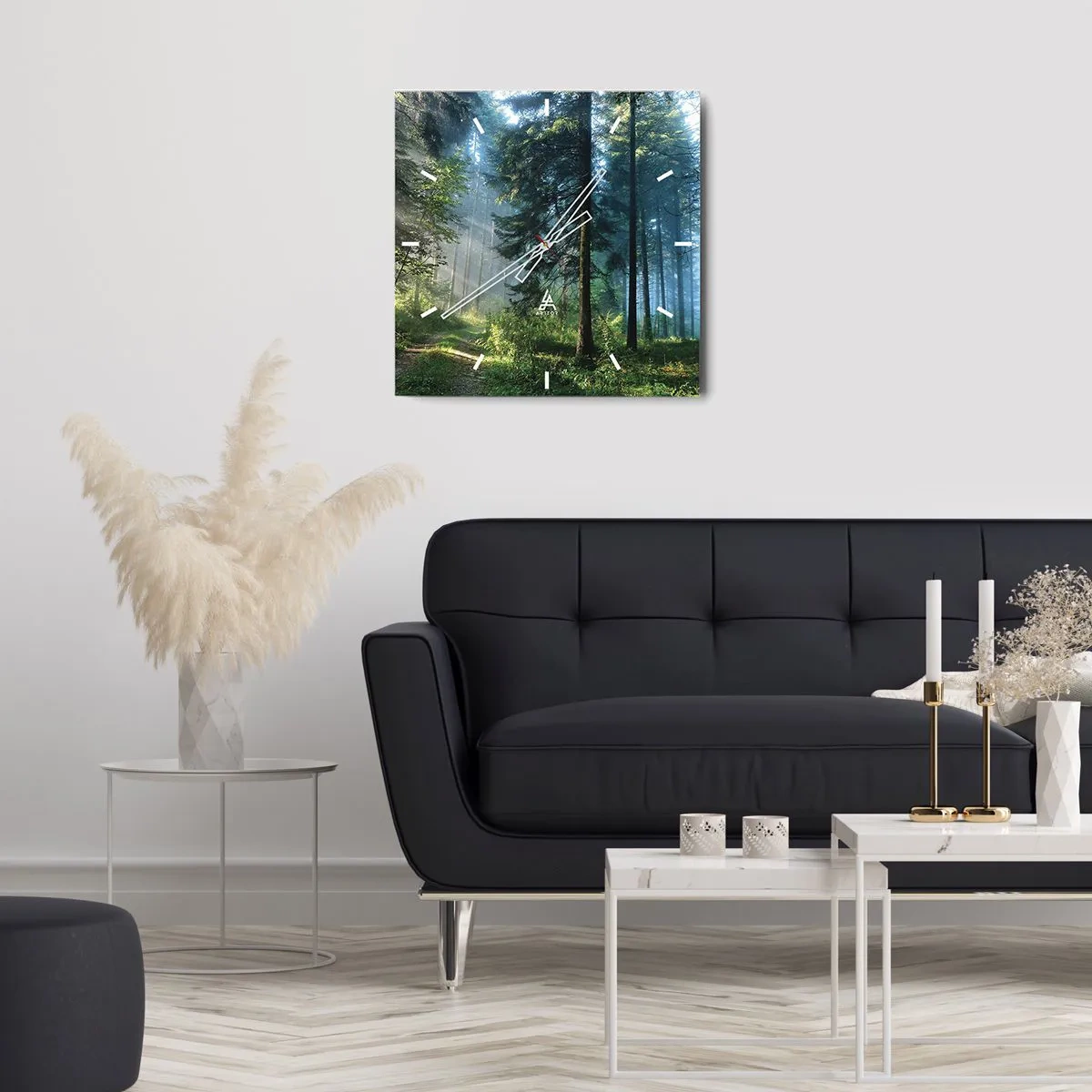 Reloj de pared - Reloj de vidrio - Un sendero forestal iluminado por los rayos del sol de la mañana. - 30x30cm - Radiante por la mañana - Decoración de pared moderna para salón y dormitorio ARTTOR