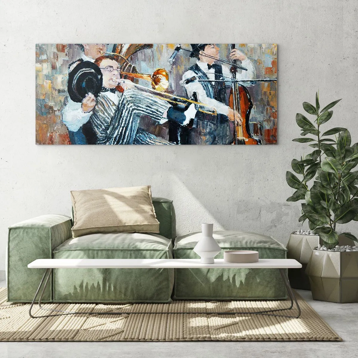 Cuadro sobre vidrio - Impresiones sobre Vidrio - Músicos de jazz en estilo pictórico durante un concierto. - 120x50cm - Todo ese jazz - Decoración de pared moderna para salón y dormitorio ARTTOR
