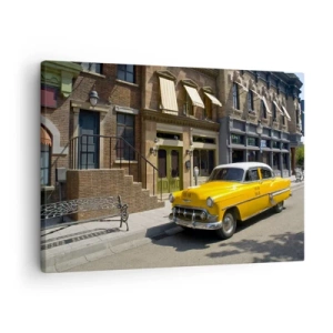 Cuadro sobre lienzo - Impresión de Imagen - Un taxi amarillo en una calle bordeada de casas de vecindad. - 70x50cm - Érase una vez en América - Decoración de pared moderna para salón y dormitorio ARTTOR
