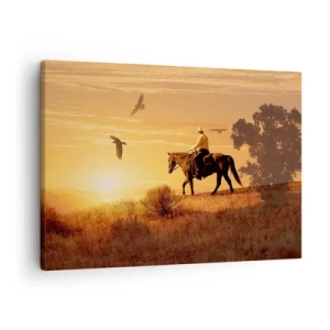 Cuadro sobre lienzo - Impresión de Imagen - Un jinete a caballo al atardecer contra la pradera. - 70x50cm - Solo a través de la pradera - Decoración de pared moderna para salón y dormitorio ARTTOR