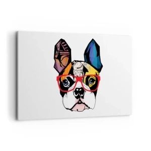 Cuadro sobre lienzo - Impresión de Imagen - Bulldog en una ilustración colorida con gafas rojas. - 120x80cm - El intelectual - Decoración de pared moderna para salón y dormitorio ARTTOR