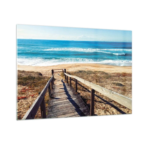 Cuadro sobre vidrio - Impresiones sobre Vidrio - Camino de madera que conduce a la playa con vistas al mar. - 100x70cm - ¡Corre! - Decoración de pared moderna para salón y dormitorio ARTTOR