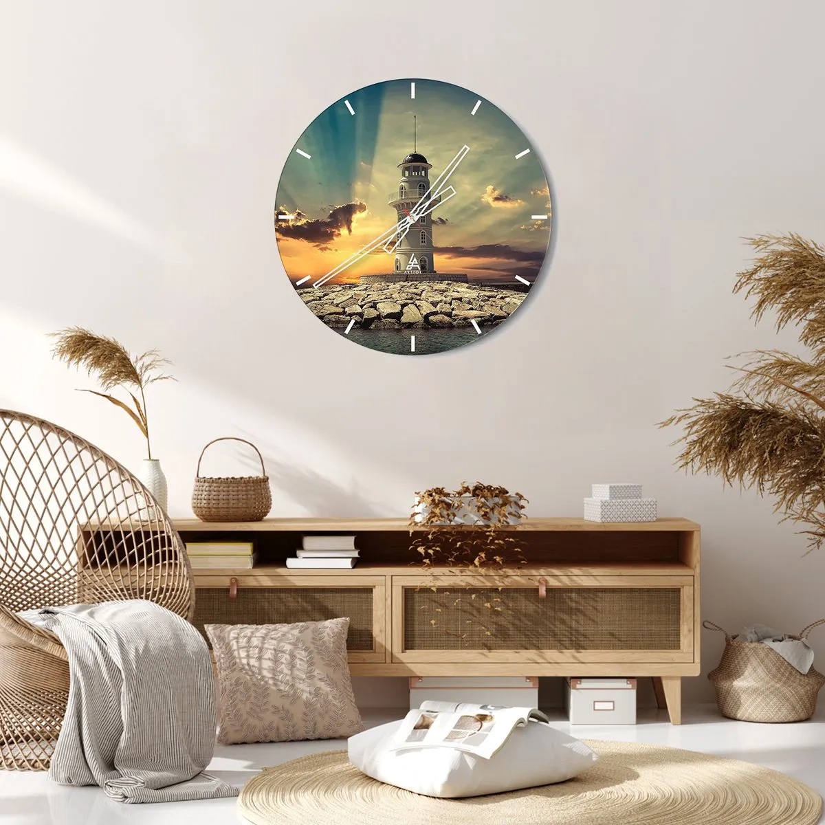Reloj de pared - Reloj de vidrio - Faro con la puesta de sol como telón de fondo - 30x30cm - Luz - Bondad - Belleza - Decoración de pared moderna para salón, cocina y dormitorio ARTTOR