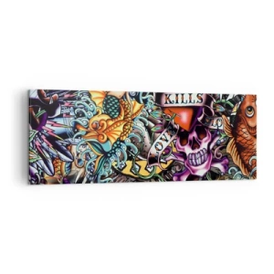 Cuadro sobre lienzo - Impresión de Imagen - Obra de arte colorida estilo tatuaje con calaveras y motivos náuticos. - 140x50cm - El sueño de un tatuador - Decoración de pared moderna para salón y dormitorio ARTTOR