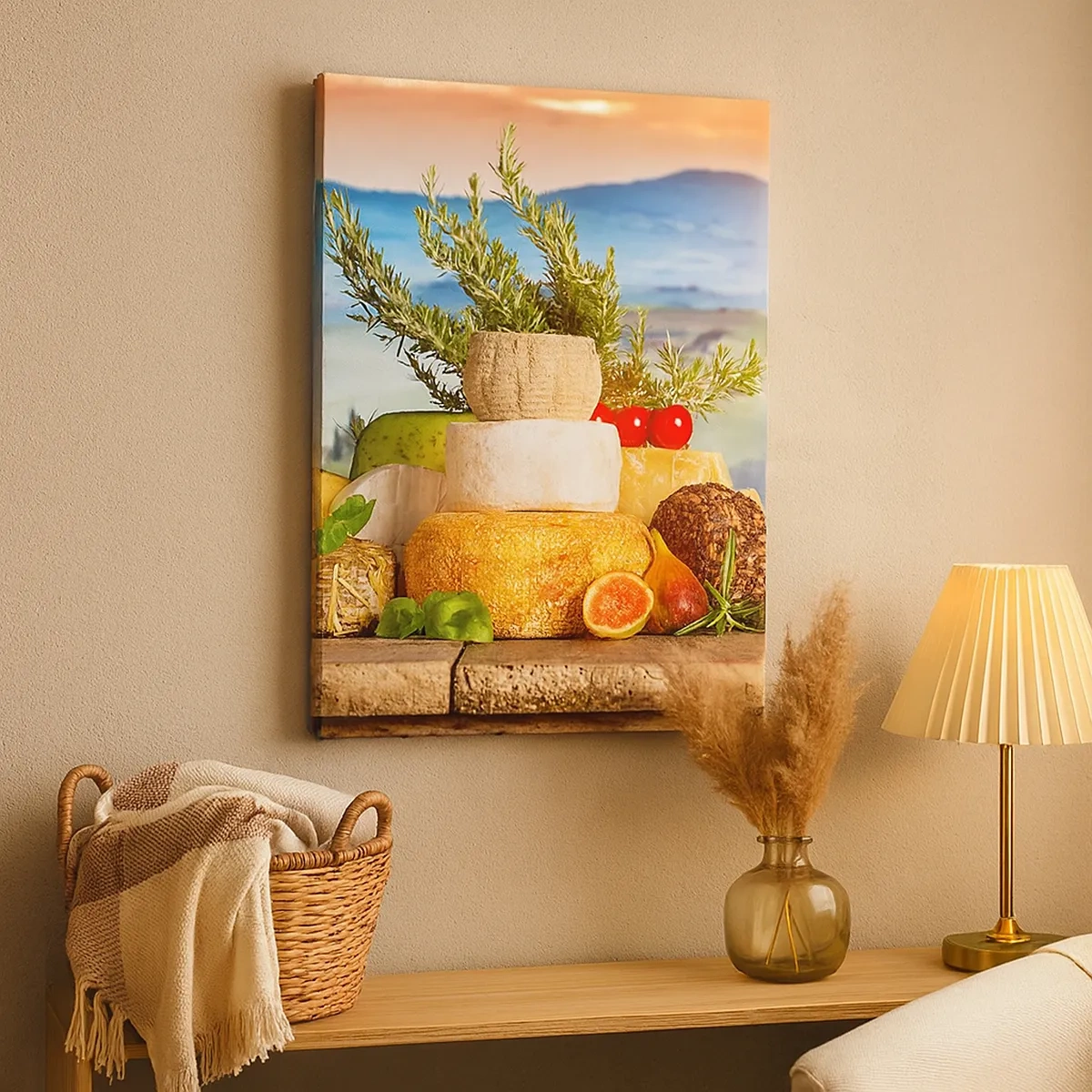 Cuadro sobre lienzo - Impresión de Imagen - Una composición de quesos y frutas con el paisaje toscano como telón de fondo. - 50x70cm - La alegría de vivir italiana - Decoración de pared moderna para salón y dormitorio ARTTOR