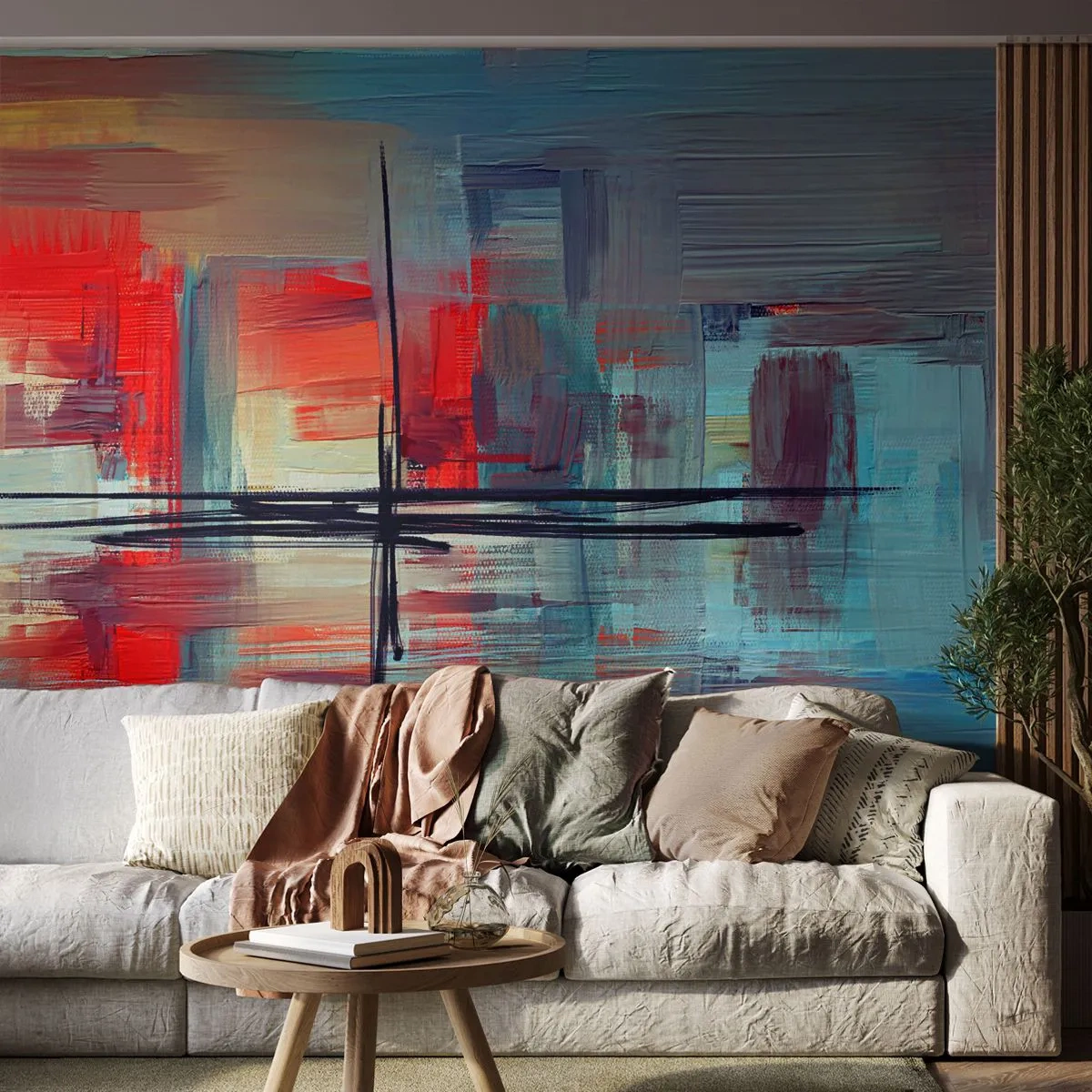 Fotomural Premium Canvas - Una composición abstracta con colores intensos, líneas y formas geométricas. - 100x70cm - Paisaje en una dimensión desconocida - Decoración de pared moderna para salón y dormitorio ARTTOR