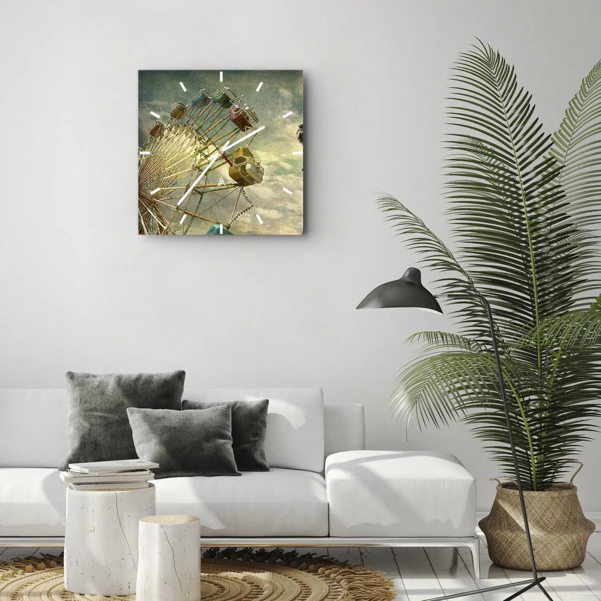 Reloj de pared - Reloj de vidrio - Fotografía retro de una noria con palmeras contra el cielo. - 30x30cm - Será, será un día estupendo.... - Decoración de pared moderna para salón y dormitorio ARTTOR