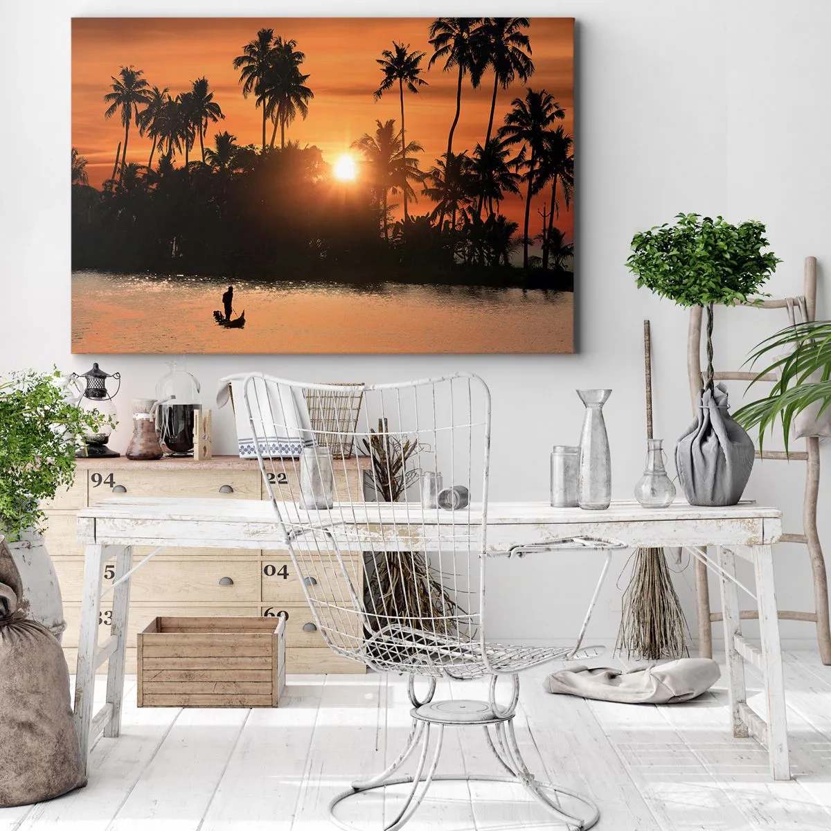 Cuadro sobre lienzo - Impresión de Imagen - Puesta de sol sobre palmeras y un lago tranquilo con un barco. - 100x70cm - Tiempo de descanso - Decoración de pared moderna para salón y dormitorio ARTTOR